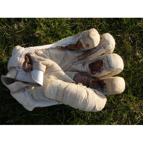 251 - Geoffrey Boycott, a pair of match worn gloves, with applied sticking plasters and possible blood, bo... 