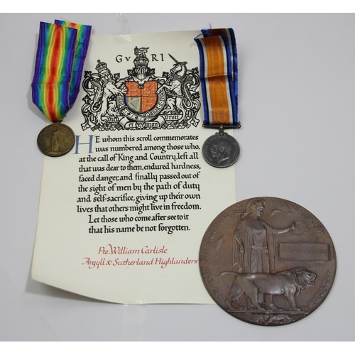 97 - A WWI group of two to Pte. William Carlisle, Argyll & Sutherland Highlanders, together with the Deat... 