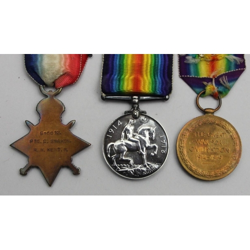 99 - A WWI group of three awarded to Pte. C. Swaker, Royal West Kent Regiment.