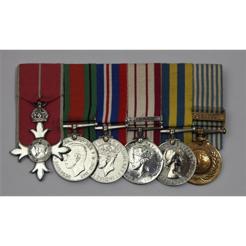 103 - A group of six, awarded to Lieut. J.W. Wickham Royal Navy, MBE, Defence, War 1939-45, General Servic...