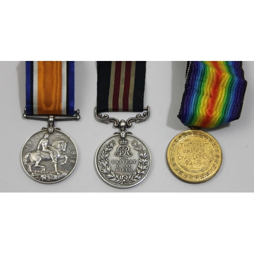 105 - A WWI group of three, awarded to Cpl A. Cockerton Royal Garrison Artillery, Military Medal, War 1914... 