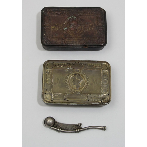 64 - Two WWI Queen Mary 1914 Christmas brass tins, together with a Military bosun's whistle, broad arrow ... 