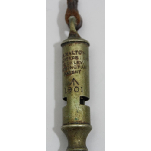 65 - A R.A. Walton military whistle, broad arrow and 1901, a J. Hudson example dated 1915 and another whi... 