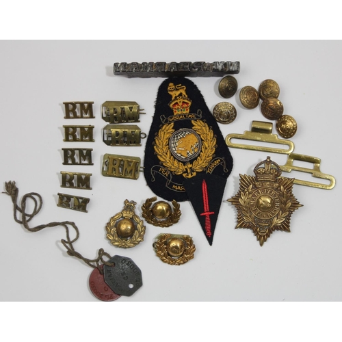 74 - WW1 Royal Marines Gibraltar Helmet Plate Cap Badge, together with other Royal Marine brass badges an... 