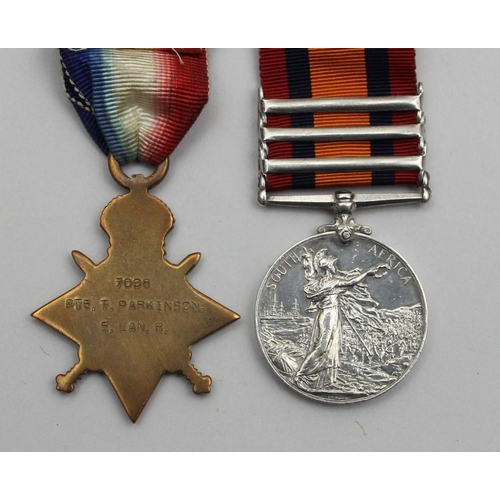 121 - Victoria and WWI, a group of two, Queens South Africa medal, awarded to Pte. T. Parkinson, East Lanc... 