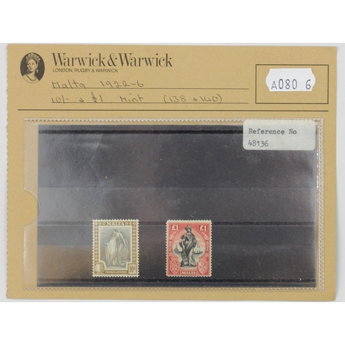 179 - Malta, 1922-26, 10 shillings and £1 mint, Warwick & Warwick card.