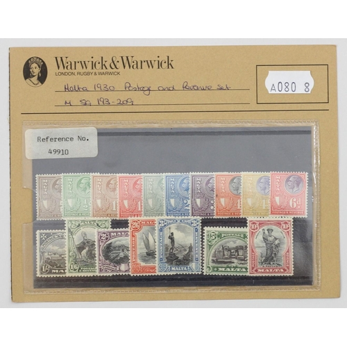 181 - Malta, 1930, postage & revenue seventeen set to 10 shillings, mint, Warwick & Warwick card.