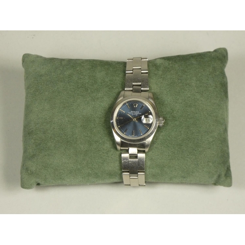 112 - A ladies stainless steal Rolex Oyster Perpetual date bracelet watch circa 1989, REF. 69160, blued di... 