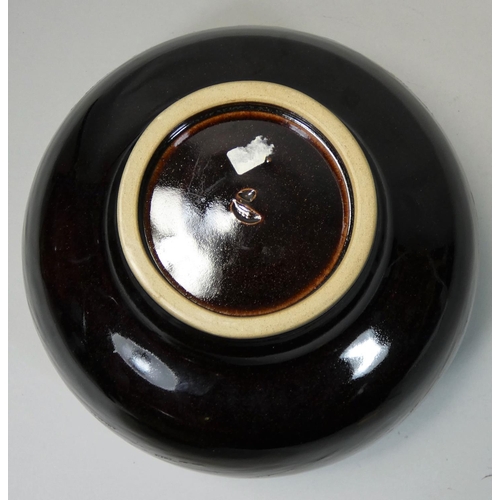 174 - Chris Carter (b.1945), a porcelain brown glazed bowl, with trailing spiral pattern, no makers mark, ... 