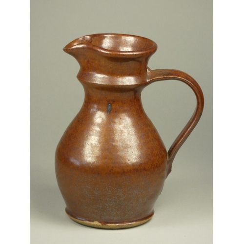 179 - Unknown, a brown and beige mottled glazed stoneware flagon, height 26 cm, together with a small brow... 