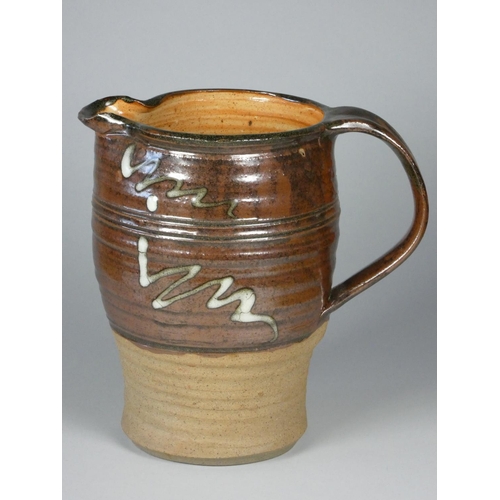 186 - Charles Bound (b.1939), a stoneware brown glazed jug with abstract design, height 20 cm