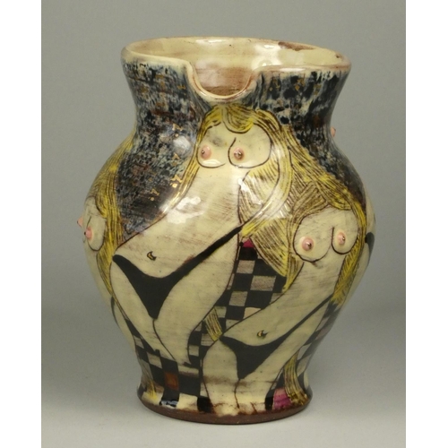 187 - Nick Chapman, a blue, cream and yellow glazed clay jug with gold and pink detail, sketched female fo... 