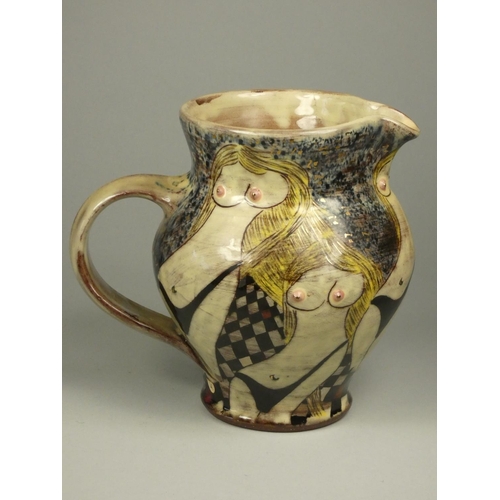 187 - Nick Chapman, a blue, cream and yellow glazed clay jug with gold and pink detail, sketched female fo... 