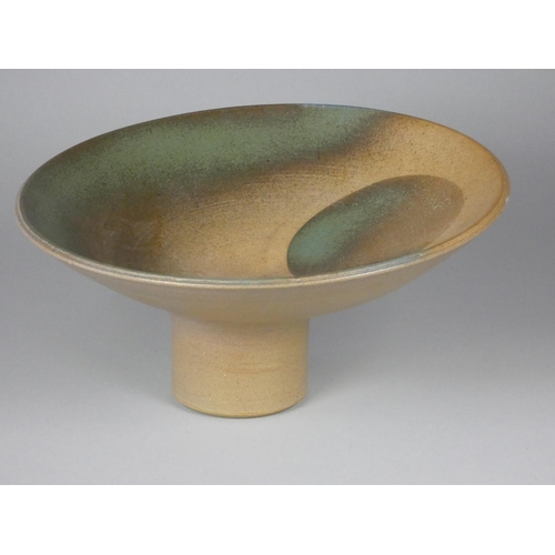 196 - Unknown, a collection of six stoneware display stands with green, brown, and yellow designs, diamete... 