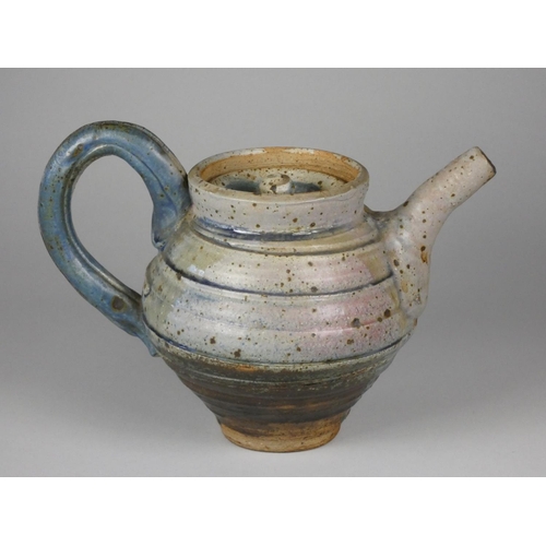 197 - Charles Bound (b.1939), a large stoneware tea pot, with abstract pattern, mottled and ribbed blue, b... 