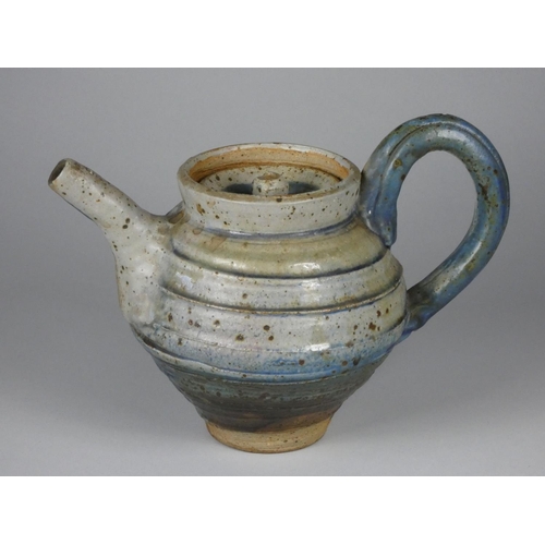 197 - Charles Bound (b.1939), a large stoneware tea pot, with abstract pattern, mottled and ribbed blue, b... 