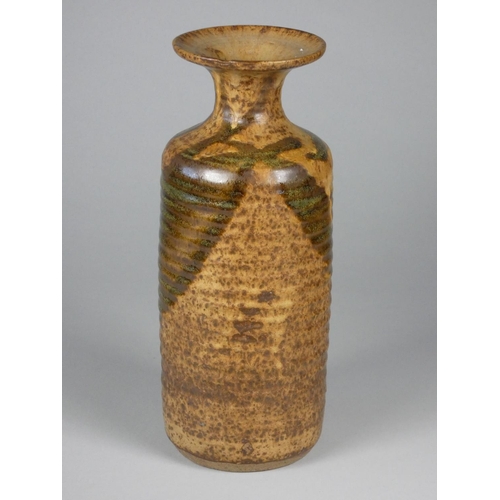 198 - Unknown, a brown glazed stoneware vase with narrow neck, ribbed with dark brown and green glaze, hei... 