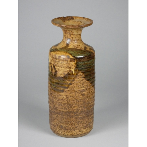 198 - Unknown, a brown glazed stoneware vase with narrow neck, ribbed with dark brown and green glaze, hei... 