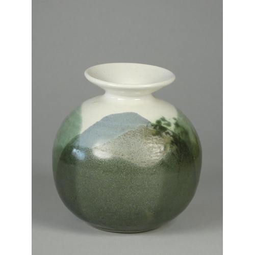 203 - Syl and Ray Marco white ceramic vase, with green and blue glaze, impressed mark on base, height 13.5... 