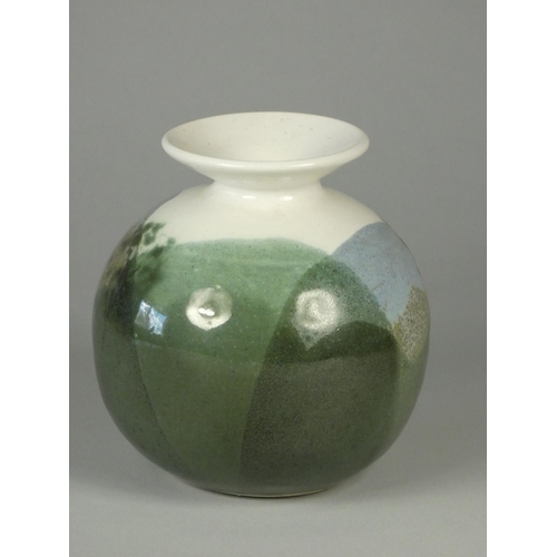 203 - Syl and Ray Marco white ceramic vase, with green and blue glaze, impressed mark on base, height 13.5... 