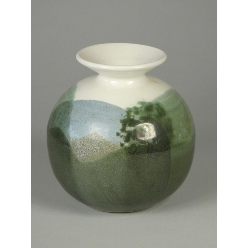 203 - Syl and Ray Marco white ceramic vase, with green and blue glaze, impressed mark on base, height 13.5... 