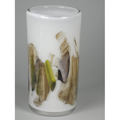 209 - David Wallace, white glass vase with earth tone pattern, engraved D WALLACE OTLEY 1984 on base, heig... 