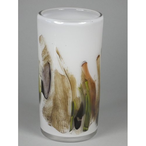 209 - David Wallace, white glass vase with earth tone pattern, engraved D WALLACE OTLEY 1984 on base, heig... 