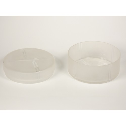 213 - Unknown, a frosted glass trinket holder with lid, line and dot detail, diameter 10cm