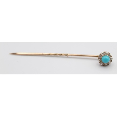 68 - A Victorian turquoise and diamond stickpin, the screw off top set with old cut stones, diameter 9mm.