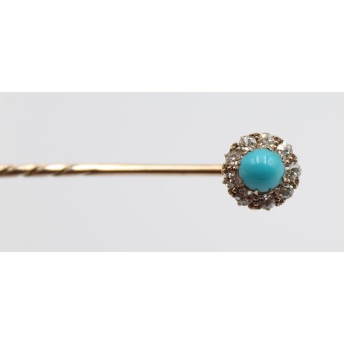 68 - A Victorian turquoise and diamond stickpin, the screw off top set with old cut stones, diameter 9mm.