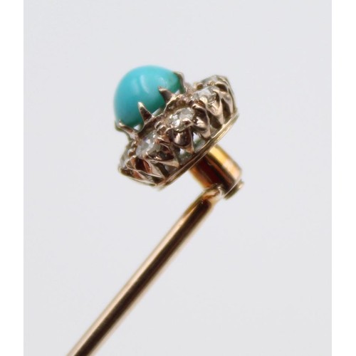 68 - A Victorian turquoise and diamond stickpin, the screw off top set with old cut stones, diameter 9mm.