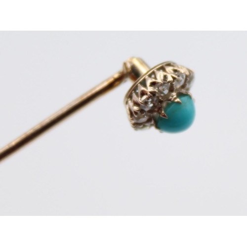 68 - A Victorian turquoise and diamond stickpin, the screw off top set with old cut stones, diameter 9mm.