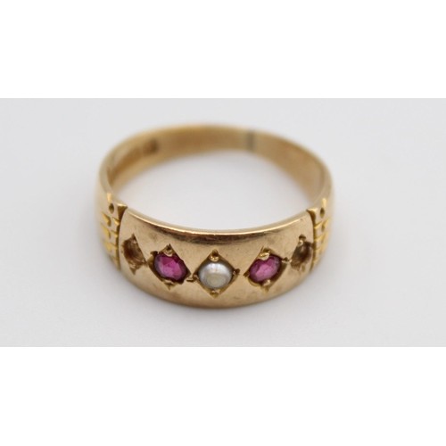 69 - A Victorian 15ct gold, ruby and half pearl ring, Chester 1889, lacking two pearls, size M, 3.5 gms.