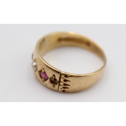 69 - A Victorian 15ct gold, ruby and half pearl ring, Chester 1889, lacking two pearls, size M, 3.5 gms.