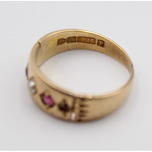 69 - A Victorian 15ct gold, ruby and half pearl ring, Chester 1889, lacking two pearls, size M, 3.5 gms.