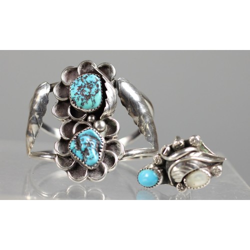 76 - A Navaho silver and turquoise bangle, c.1980's, set with two matrix stones in a floral design, toget... 