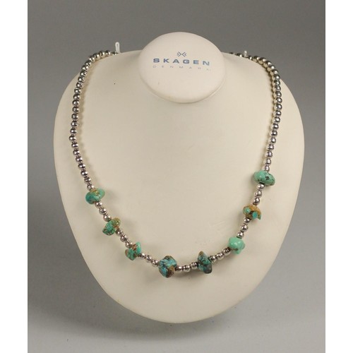 78 - Two Navaho silver and gem set bead necklaces, c.1980's, one with turquoise matrix, 42 cm, the other ... 