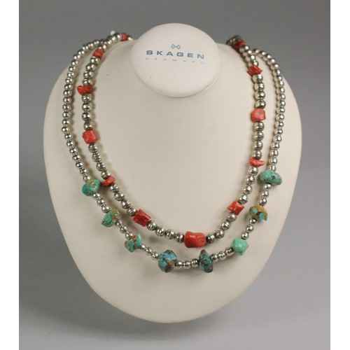 78 - Two Navaho silver and gem set bead necklaces, c.1980's, one with turquoise matrix, 42 cm, the other ... 