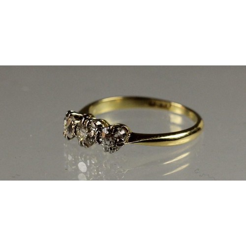 92 - An 18ct gold three stone diamond ring, claw set with old cut brilliant stones, total weight approxim... 