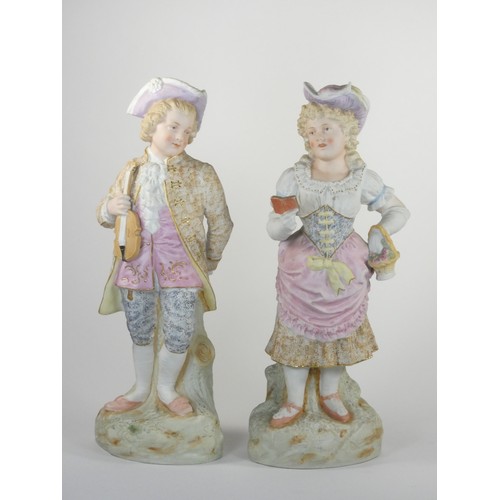 132 - A 19th century Continental pair of cold painted bisque figures, depicting a boy and girl, 36cm, toge... 