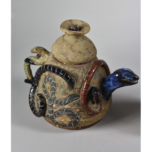 220 - Louis Richwald, a white and blue glazed stoneware vase, with lizard applied, engraved on base, heigh... 