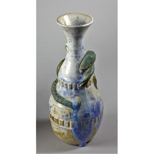 220 - Louis Richwald, a white and blue glazed stoneware vase, with lizard applied, engraved on base, heigh... 