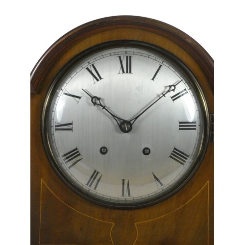 267 - An Edwardian mahogany and boxwood strung mantle clock, with silvered dial, the movement by Winterhal... 