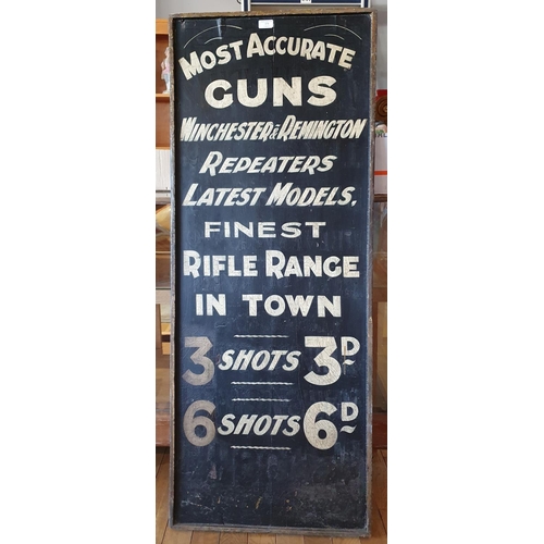 378 - A painted wood double sided sign, Always open on a Sunday and Most Accurate Guns, 140 x 55 cm.