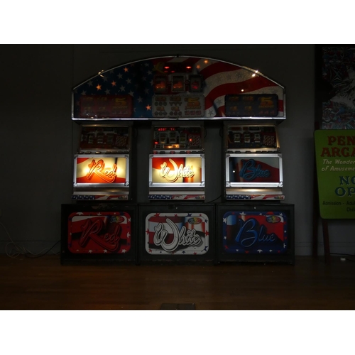 390 - A Vivid by Barcrest slot machine group, Red, White and Blue, with overhead lighting board, in workin... 