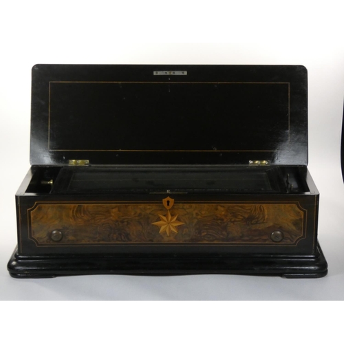 435 - A 19th century swiss music box in burr walnut and ebonised case, with 2 comb movement numbered 16630... 