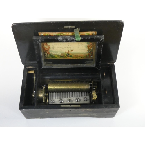 440 - A 19th century Swiss music box with boxwood inlay, movement playing 6 airs in need of restoration. 3... 