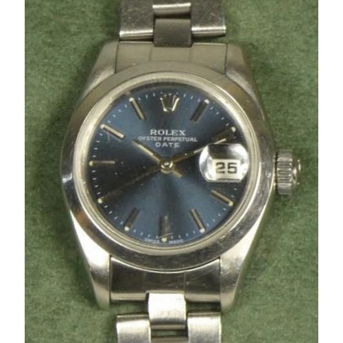 112 - A ladies stainless steal Rolex Oyster Perpetual date bracelet watch circa 1989, REF. 69160, blued di... 