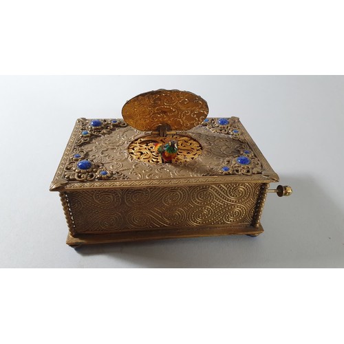 347 - An early 20th century Swiss brass and blue glass singing bird musical box, 11 x 7 x 4.5 cm, in worki... 