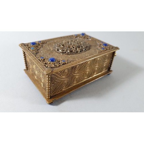 347 - An early 20th century Swiss brass and blue glass singing bird musical box, 11 x 7 x 4.5 cm, in worki... 